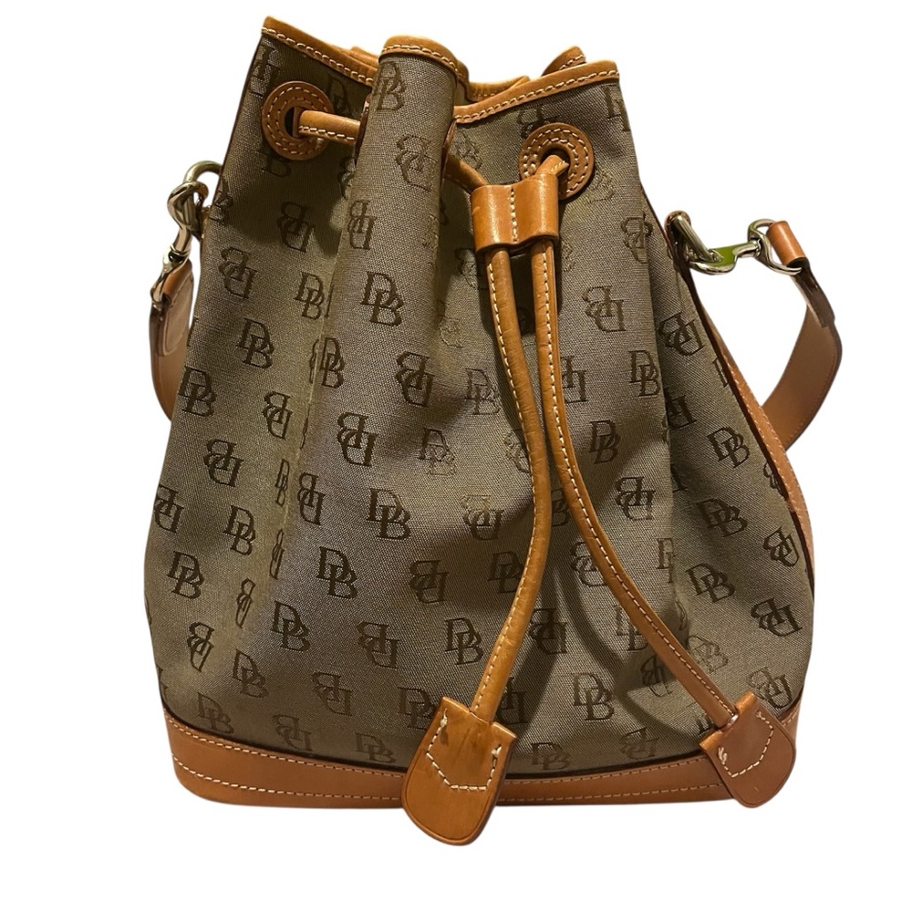 Vintage Dooney & Bourke signature canvas drawstring bucket bag leather trim